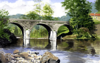 Old stone bridge over the river Viaur SW France.Watercolour